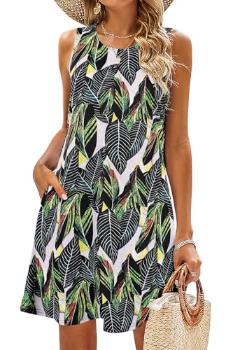 Image of SimpleFun Summer Dresses for Women Beach Floral Tshirt Sundress Casual Pockets Boho Tank Dress