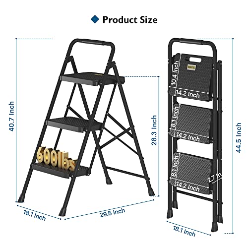 Image of BONTEC 3 Step Ladder, Capacity 600lbs with Wide Anti-Slip Pedals, Folding Steel Step Stool, Sponge Handlebar, Lightweight Portable Ladder Suitable for Home, Kitchen, Pantry, Indoor /Outdoor Use, Black