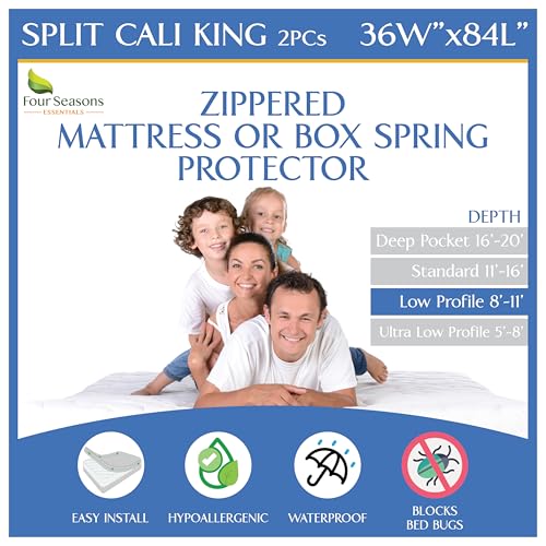 Split California King (2PC) Mattress or Box Spring Encasement (8"-11" Depth) Waterproof Zippered Protector Hypoallergenic Premium Bedbug Cover Protects from Dust White