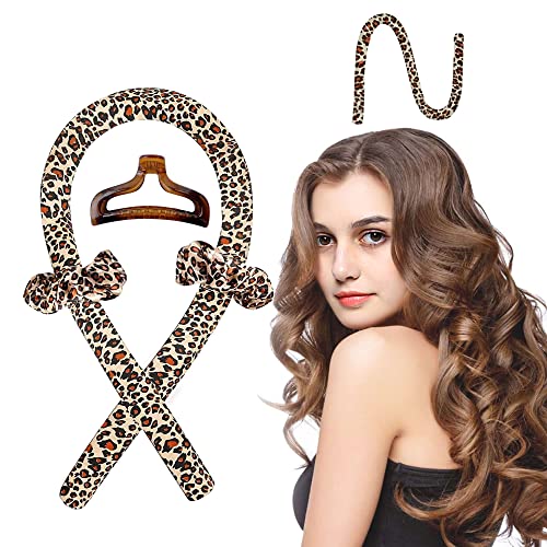 Heatless Hair Curler Rod Headband Overnight for Long Hair - No Heat Silk Ribbon Curling Rod Hair Roller Curls with Hair Clips and Scrunchie - Soft Foam Hair Rollers Styling Tool for Sleep (Leopard)