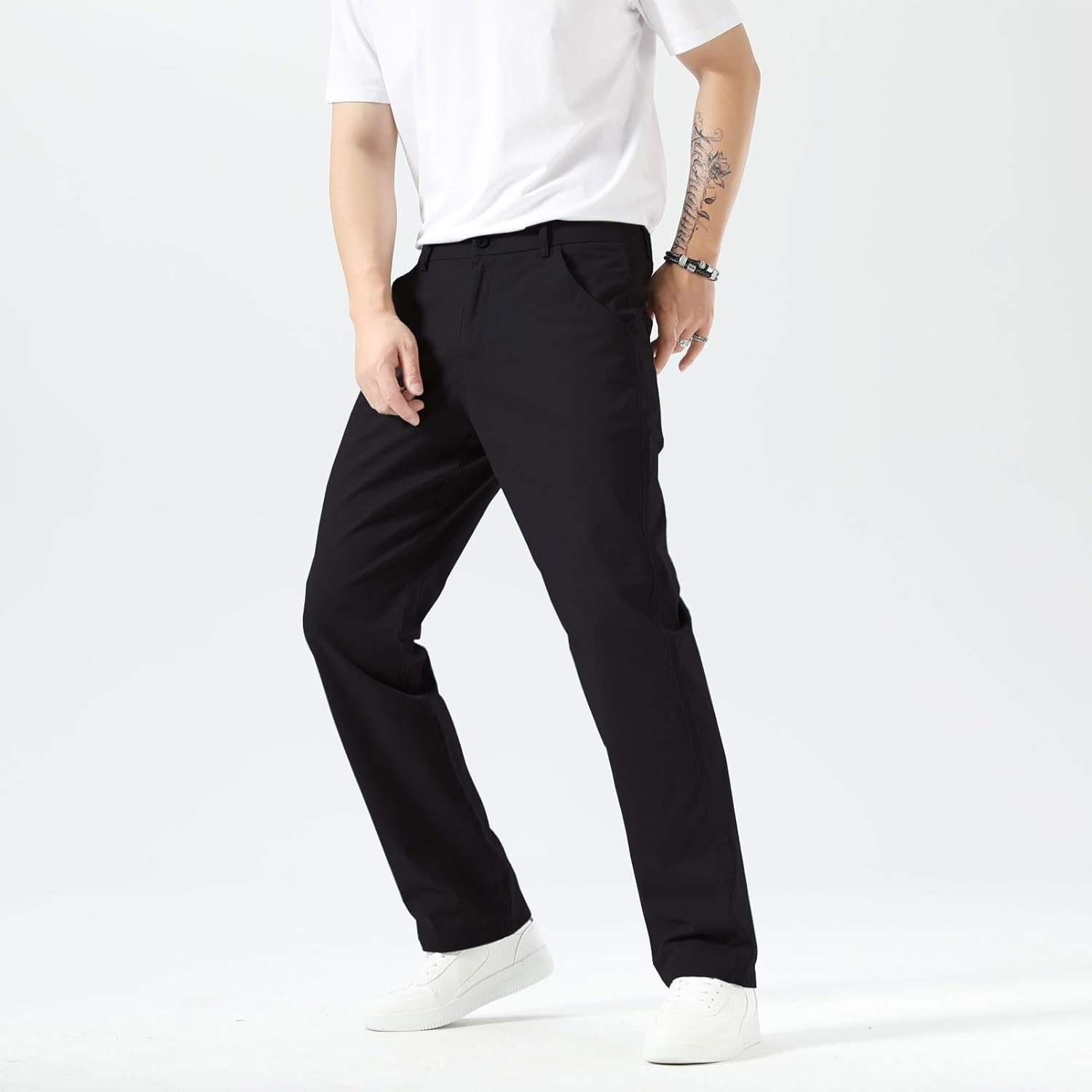 Plaid&Plain Men's Khaki Pants Stretchy Straight Fit with Side Pocket and Elastic Waistband - Image 9