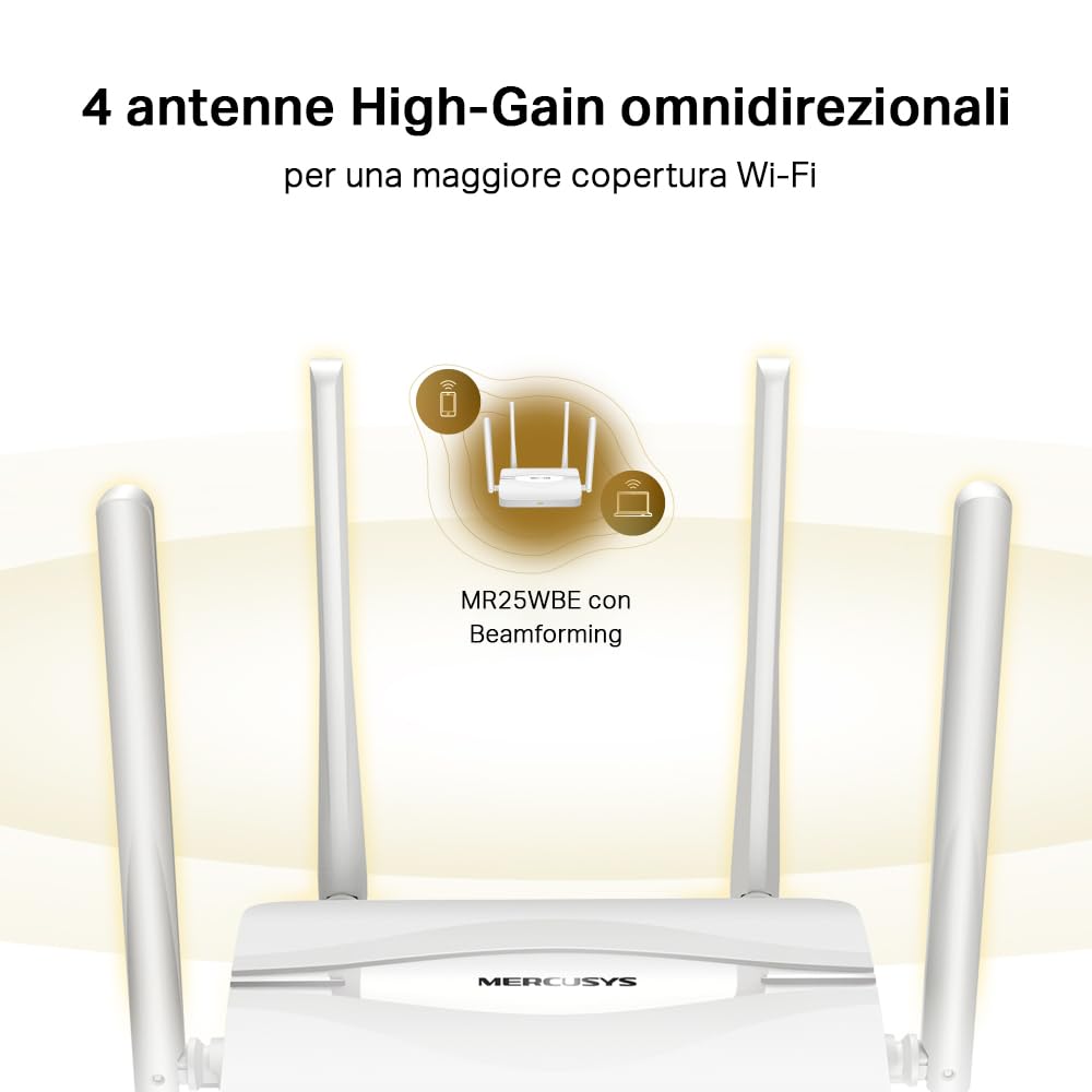 Mercusys TP-Link MR25WBE Router WiFi 7 BE3600Mbps Dual-Band, 4 Porte Gigabit, 4 Antenne Ad Alto Guadagno, Canali 160MHz, 4K-QAM, MLO, Sicurezza WPA3, Controllo da APP, non supporta xDSL