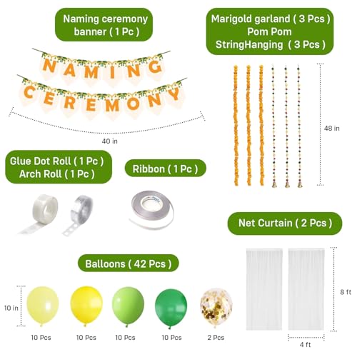 Image of Party Propz Naming Ceremony Decoration Kit - 54Pcs Banner, Backdrop, Green and Yellow Balloons for Baby Girl Baptism