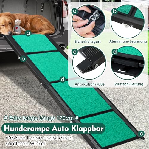 170cm Hunderampe,Hunderampe Auto Klappbar mit Rutschfester Teppichoberfläche,Hundetreppe Auto für SUVs, LKWs & Outdoor Treppen, Tragbare & Langlebige Hunderampe Auto für Große Hunde bis 110kg