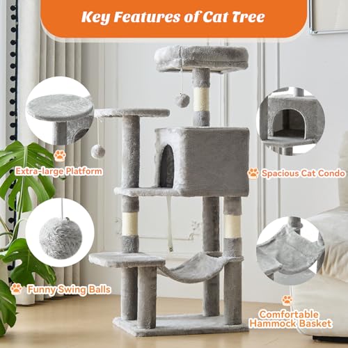 Image of Sweetcrispy 44 Inch Cat Tree Tower, Cat Climbing Tower with Natural Sisal Scratching Posts, Hammock, Pet Condo for Indoor Cats and Kittens Play, Light Grey