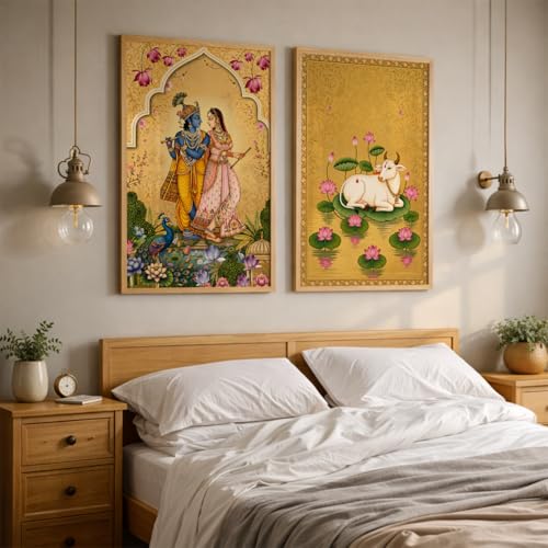 Image of TheMakerly Traditional Indian Wall Painting Set of 2 | Radha Krishna Wall Art Frames | Vintage Religious Wall Decor for Living Room Bedroom Home Temple (KR03, 13x19 inches)