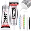 B7000 – Pegamento adhesivo de diamantes de imitación para manualidades, 2 piezas de 3.7 fl oz/3.7 fl oz B7000 pegamento transparente con 5 herramientas de punteado, lápiz de cera y pinzas, pegamento de joyería para manualidades, maquillaje, zapatos, joyería, arte de uñas