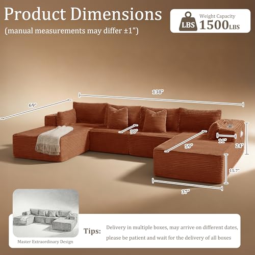 Image of 138 inch Cloud Sectional Couch, Comfort U Shaped Sofa for Living Room, Extra Deep Seats No Assembly, Minimalist Modular Couch, Corduroy (Deep Orange, 6 Seats,U-Shape C)