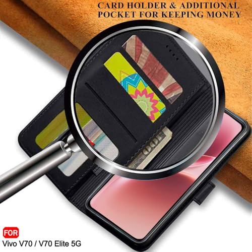 Image of TheGiftKart Genuine Leather Finish Flip Back Cover Case for Vivo V70 5G / V70 Elite 5G | Inbuilt Pockets & Stand | Wallet Style | Designer Button Magnet Flip Back Cover Case (Faux Leather, Black)