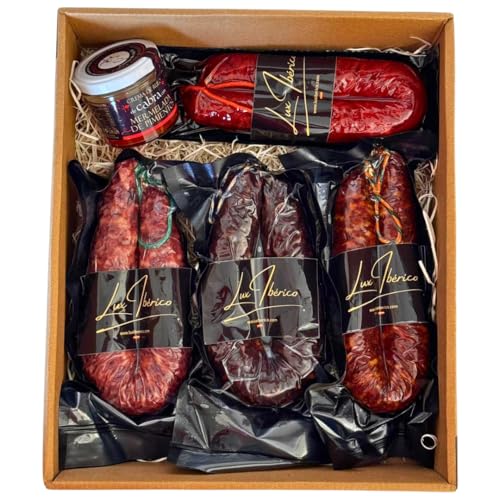 LUX IBÉRICO - Cesta Gourmet para Regalar "Séneca" – Cesta de Navidad– Lote con Chorizo, Salchichón, Patatera y Crema de Queso de Cabra - Pack Regalo de Empresa para Empleados y Clientes