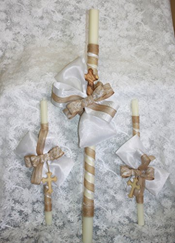 FavorOnline Natural Burlap Greek Candles Wedding/Baptism Lambathes or Lambades Candles - Set of 3 Lambatha/Lambada Candles
