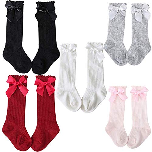 YOYUTOP 5 Pairs Bow Spanish Baby Girls Kids Knee High Socks Cotton Newborn Socks Kids Toddler Socks Bowknot Party School Stockings 0-4 Year (4-6 Years)