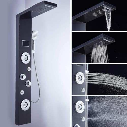 Image of ELLO&ALLO LED Rainfall Waterfall Shower Head Rain Massage System with Body Jets Stainless Steel Bathroom Shower Panel Tower System, Brushed Black