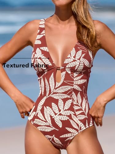 CUPSHE Women's One Piece Swimsuit Deep V Neck Keyhole Cutout O Ring Textured Bathing Suit2