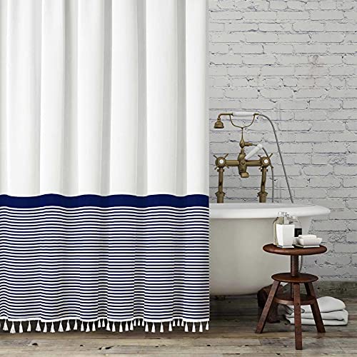 Photo 1 of Seasonwood Extra Long Shower Curtains White and Blue Striped Shower Curtain with Tassel