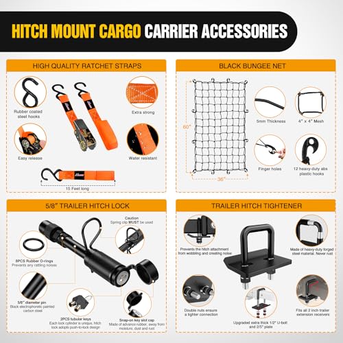 Image of Nilight 60 inch x 20 inchx 7.87 inch Folding Carrier Fits 2-Inch Receiver 500 Lbs Capacity Bag Net Ratchet Straps Lock Stabilizer for SUV Pickup RV Van