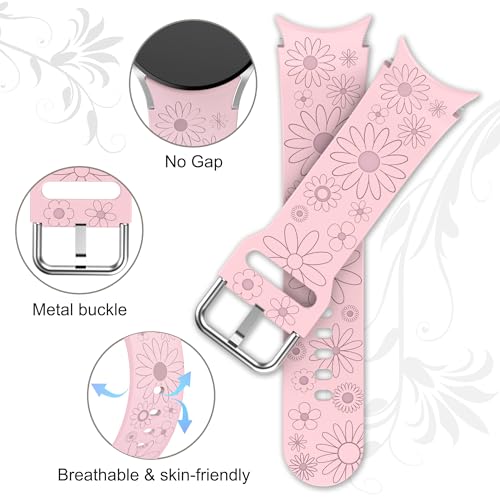 3 Pack No Gap Floral Engraved Bands Compatible with Samsung Galaxy Watch FE 6 5 4 40mm 44mm/ Watch 5 Pro 45mm/Galaxy Watch 6 4 Classic 47mm 43mm 46mm 42mm, 20mm Soft Silicone Watch Strap for Women