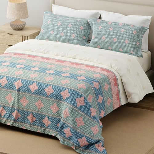 Image of Layers 100% Cotton for King Size Bed | 120 TC Ethnic Print, Soft, Breathable, Machine Washable Bedsheet with 2 Pillow Covers | Forever Collection (274 x 274 cm) - Blue & White