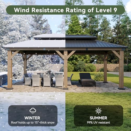 Image of Aoxun 12' x 20' Outdoor Wood Gazebo, Hardtop Gazebo Permanent Wooden Pavilion with Galvanized Steel Double Roof, for Patio, Garden, Yard, Cedar Wood, Grey