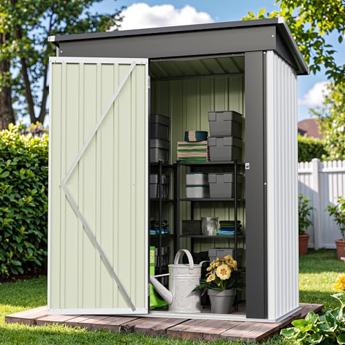 Image of Patiowell 5x3 FT Outdoor Storage Shed, Garden Tool Shed with Sloping Roof and Lockable Door, Metal Shed for Backyard Garden Patio Lawn, White