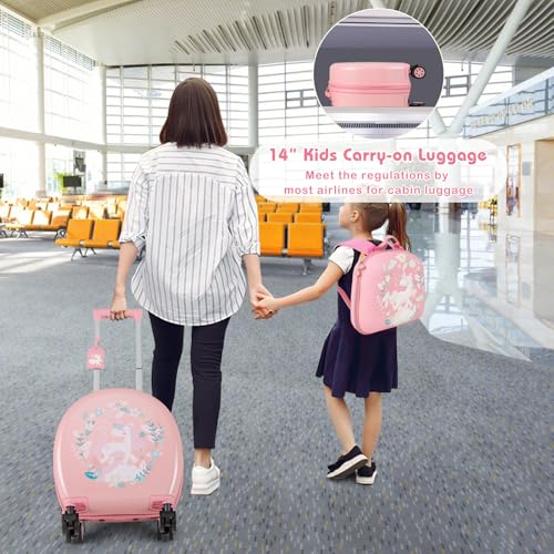 Goplus 4 Piece Kids Luggage Set, 14” Carry-on Hardside Spinner Luggage w/ 10” Backpack, Neck Pillow, Toddler Travel Rolling Suitcase for Boy Girl Children (Pink Horse)2
