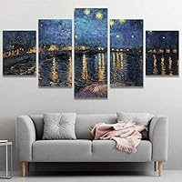 SIGNWIN 5 Panel Canvas Wall Art Starry Night Over The Rhone by Vincent Van Gogh Abstract Plants Illustrations Impressionism Panoramic Relax/Calm Multicolor for Living Room, Bedroom, Offic - 60