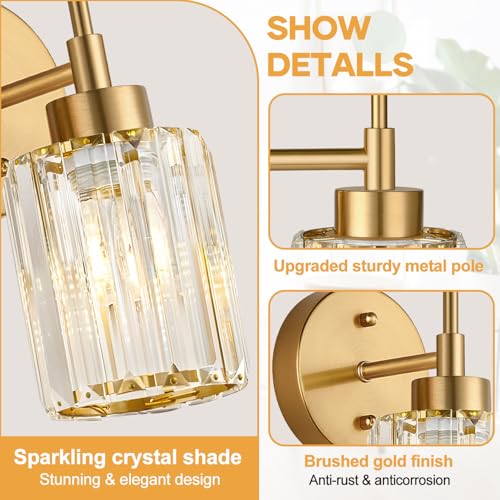 Image of Modern Crystal Bathroom Vanity Light, 2-Pack Brushed Gold Vanity Light with Clear Crystal Shades, Bathroom Light Fixtures Over Mirror (Bulbs Not Included)