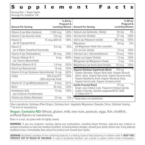 Rainbow Light Prenatal Multivitamin One + for Women with Probiotics | 150 Caplets | Essential Nutrition for Mom & Baby | with Vitamins C & D, Folate, Choline, Iron and More