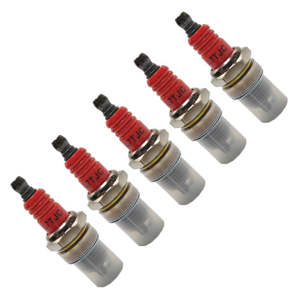 Lot de 5 bougies d'allumage tripolaire L7TJC haute, compatibles avec tronçonneuses, débroussailleuses et autres outils de jardin motorisés.