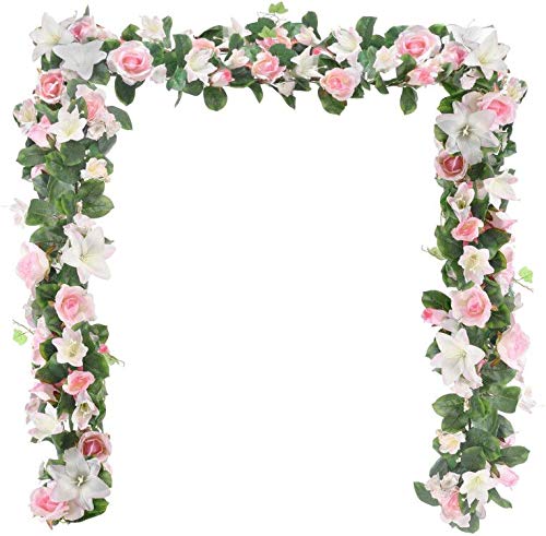 6 Feet Artificial Rose and Lily Garland, Artificial Silk Rose Lily Flower Ivy Vine Leaf Hanging Garland Wreath Garland for Home Wedding Wall Decor Lily (Pink)
