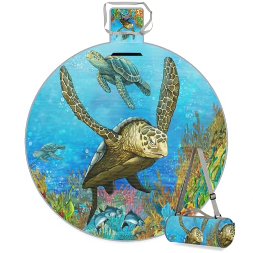 Shimoshe Art Turtle Picnic Outdoor Blanket Foldable Waterproof Sandproof Beach Blanket Portable Water-Resistant Round Picnic Mat for Travel Camping Park Lawn