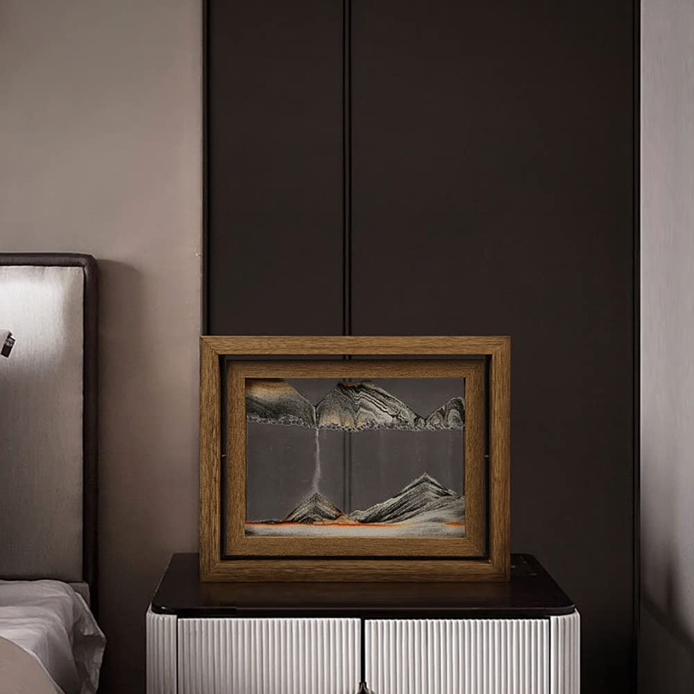 MIHTRA Vloeiend zandframe, beweegbare zandkunst afbeelding rond frame zandlandschappen in beweging vloeiende kunst, ontspannende desktop thuis kantoor werk decor (kleur: koffie, maat: roteerbaar