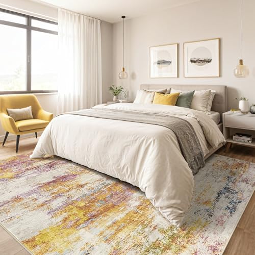 8X10 Area Rugs Living Room: Washable Large Abstract Modern Soft Stain Resistant Indoor Floor Rugs Non Slip Accent Carpet for Bedroom Nursery Playroom Office Dining Room Dorm Home House- Gold Colorful