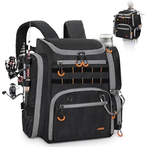 LASUK Fishing Tackle Backpack With Rod Holders, 40L Waterproof Large Fishing Backpack with Insulated Top Pocket for Fishing, Camping, Hiking Cover