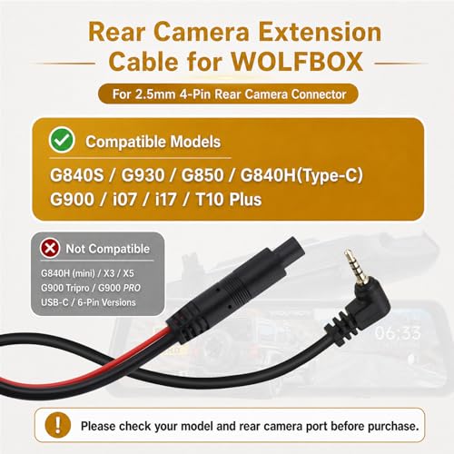Image of 33FT Rear Camera Extension Cable for WOLFBOX G840S /G930 /G850 /G840H(Type-C) /G900 /i07 /i17 /T10 Plus, for Wolfbox Extension Cable 4-Pin 2.5 mm Pure-Copper Wire for Cars, Trucks, SUVs & Vans