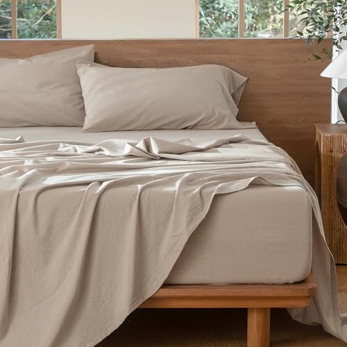 Image of MooMee Bedding Sheet Set 100% Washed Cotton Linen Like Textured Breathable Durable Soft Comfy (Heathered Tannish Linen Grey, King)