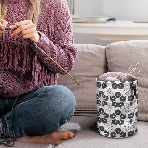Image of Sellikakes Black White Cherry Blossom Yarn Bag Crochet Storage Organizer, Knitting Yarn Holder for Chrocheting Project, Store Skein Ball, Short Knitting Needle