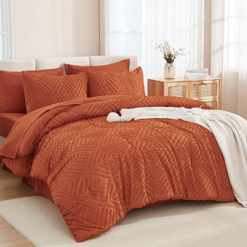 Image of Andency Super King Plus Comforter Set Burnt Orange - 7 Pieces Bed in a Bag Oversized King Bedding Sets, Boho Tufted Terracotta Bedding Sets, Rust Bed Set with Comforter, Sheets, Pillowcases & Shams