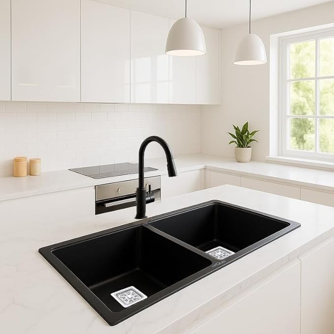 Image of ARQUIN Double Bowl Quartz Kitchen Sink 37x18x9 Inch Black | Durable & Scratch-Resistant Sink | Undermount,Topmount | Including Coupling,Sink Connector,Waste Pipe & Fruit Washing Basket