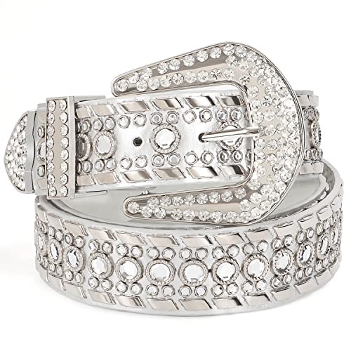 Image of Rhinestone Belt for Men Women SUOSDEY Western Cowboy Cowgirl Bling Studded Leather Belt for Jeans Pants, 06-silver, XL: fits pants size 43 inch-46 inch