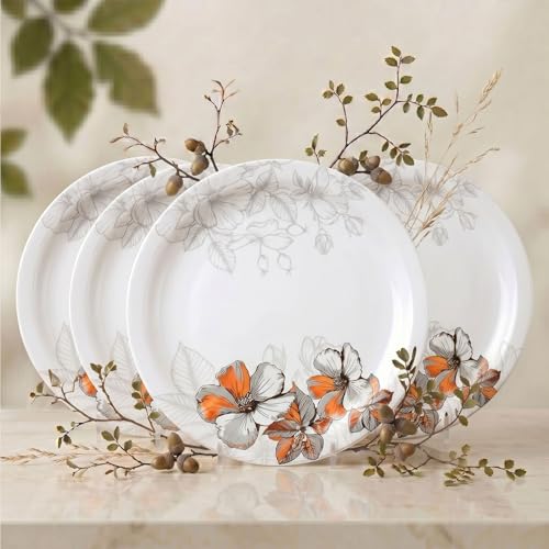 Image of Melamine Quarter Plates | Round Half Plate | Microwave Safe | Break Resistant | Plates for Snacks, Lunch, Dinner | Plates for home, Office, Restaurant | Set of 6 | 7 Inch's (Orange flower)