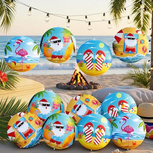 Jetec 16 Pcs Christmas in July Decorations 9 Large Summer Inflatable Balloons 9 Giant Santa Claus Flamingo PVC Inflatable Ball Ornament Decor for Tropical Luau Beach Hawaiian Holiday Party Outdoor
