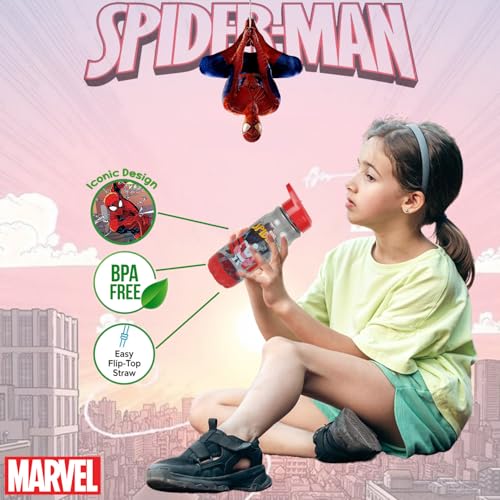 Image of Marvel Avengers Spider-Man Kids Water Bottle with Straw 500ml | BPA-Free Red & Grey Plastic Water Bottle for Kids | Spider man Water bottle for school kids | AZ2022-02