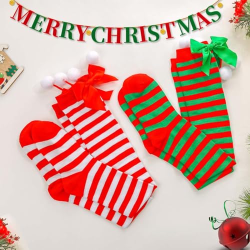 Image of Christmas Thigh High Stockings Bow Striped Stockings Holidays Knee Stocking for Women 2 Pairs