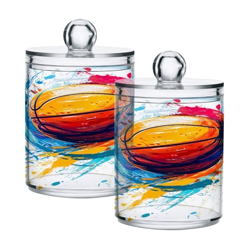 PYBUG Basketball Starfish Qtip Holder with Lid,2Pack Clear Plastic Apothecary Jars Bathroom Storage Containers for Cotton Swab,Cotton Ball,Floss Picks,Tea,Coffee