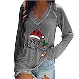 Hatoys Womens Tops Graphic Crewed V Neck Pullover Plaid Christmas Print Loose Fit Sweatshirt Flowy Longline T Shirt