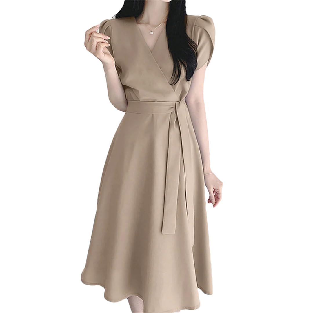 Women Elegant Short Sleeve Work Sundress Slim Robe Solid A Line V-Neck Dress