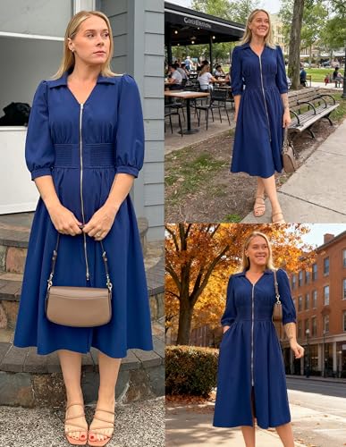 GRACE KARIN Fall Midi Dress 2025, A Line Smocked Work Dress Fit and Flare, V Neck Zipper 3/4 Sleeve Dress Casual with Pockets4
