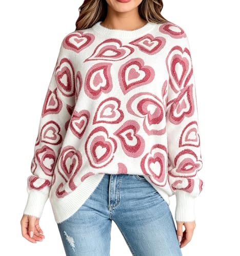 Image of Women's Cute Heart Sweater Love Print Valentine Romantic Knitted Top Casual Crewneck Long Sleeve Sweaters Pullover