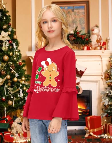 Image of BesserBay Girls Christmas Long Bell Sleeve Ruffle Tunic Top 4-12 Years